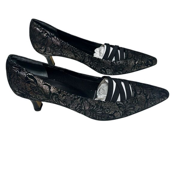 Fine Leather Rose Petals Black Lace Heels Size 12 Narrow Black Silver Patterned - Picture 6 of 13